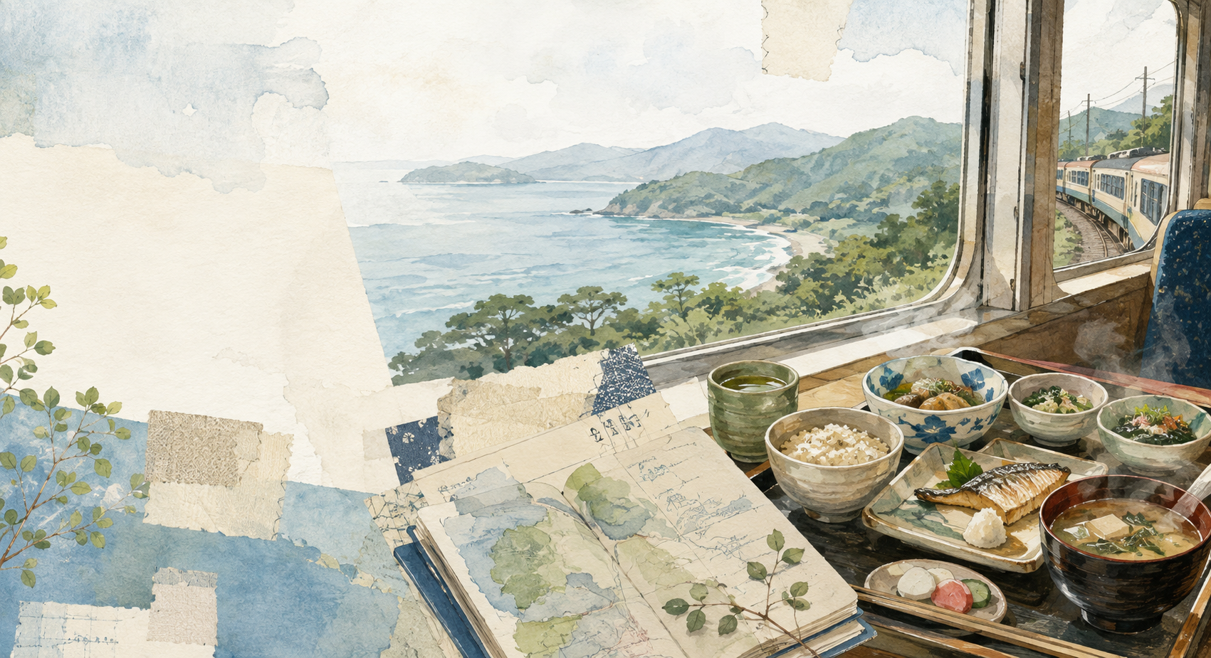 電車で巡る関西の町並みと土地の食事を描いたイラスト